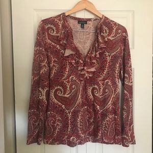 LRL Ralph Lauren Jeans Co paisley long sleeve double ruffle top tee Shirt XL